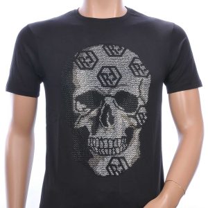 FRANCO RENZO trendy ronde hals heren skull T-shirt met steentjes Zwart