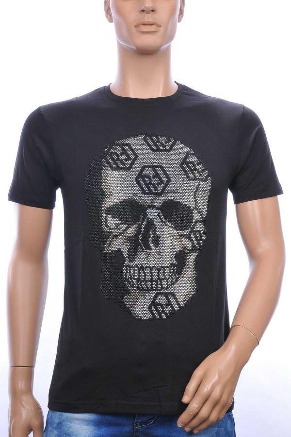 FRANCO RENZO trendy ronde hals heren skull T-shirt met steentjes Zwart