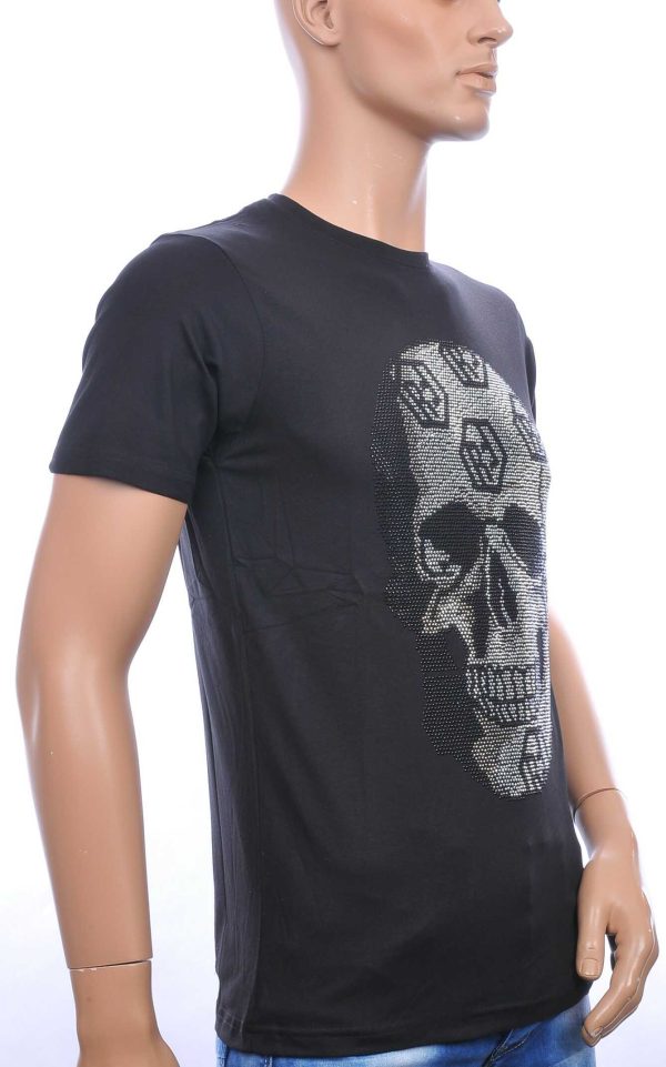 FRANCO RENZO trendy ronde hals heren skull T-shirt met steentjes Zwart