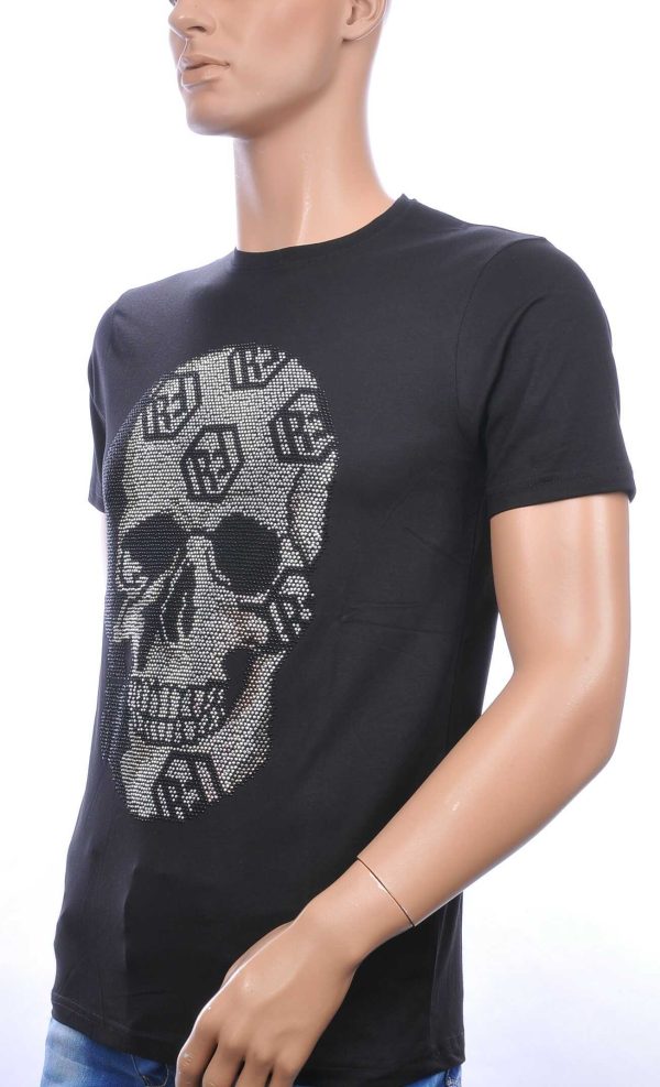 FRANCO RENZO trendy ronde hals heren skull T-shirt met steentjes Zwart