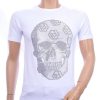 FRANCO RENZO Trendy Ronde Hals Heren Skull T-Shirt met Steentjes – Wit