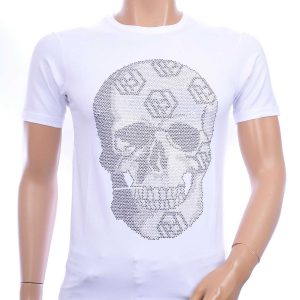 FRANCO RENZO trendy ronde hals heren skull T-shirt met steentjes Wit