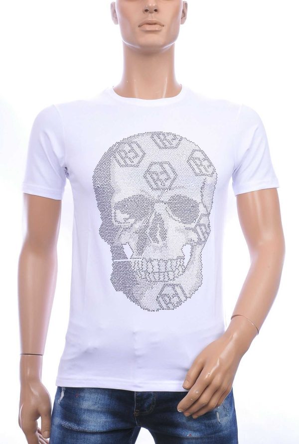 FRANCO RENZO trendy ronde hals heren skull T-shirt met steentjes Wit