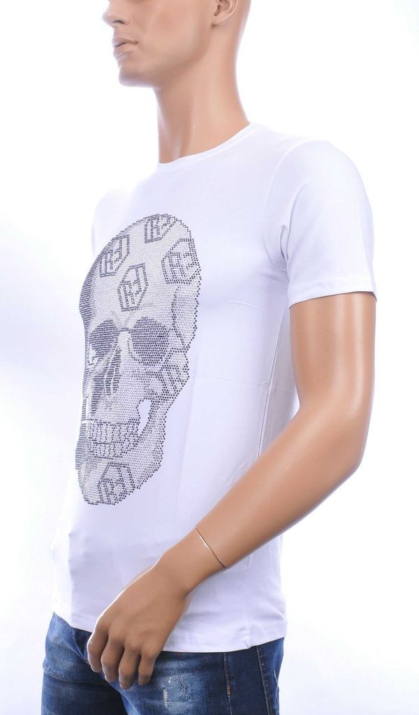 FRANCO RENZO trendy ronde hals heren skull T-shirt met steentjes Wit