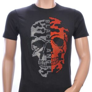FRANCO RENZO BLACK ANGEL ronde hals heren skull T-shirt met steentjes Zwart