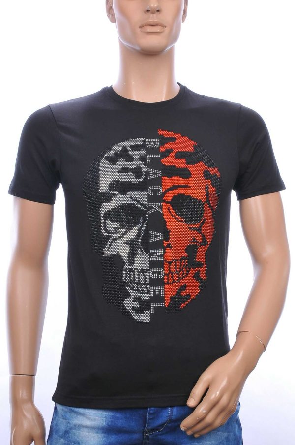 FRANCO RENZO BLACK ANGEL ronde hals heren skull T-shirt met steentjes Zwart