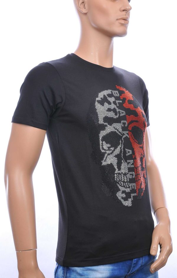 FRANCO RENZO BLACK ANGEL ronde hals heren skull T-shirt met steentjes Zwart