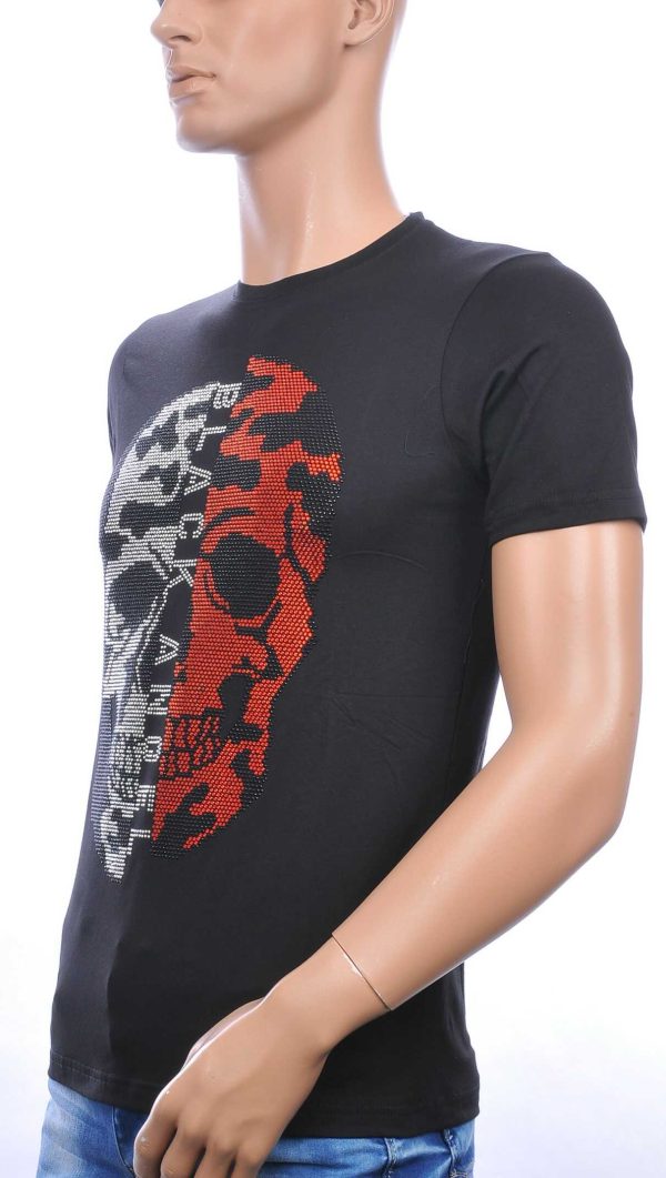 FRANCO RENZO BLACK ANGEL ronde hals heren skull T-shirt met steentjes Zwart