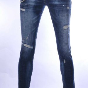 ICON2 hippie gescheurde slim fit stretch heren jeans met verfspatten Blauw