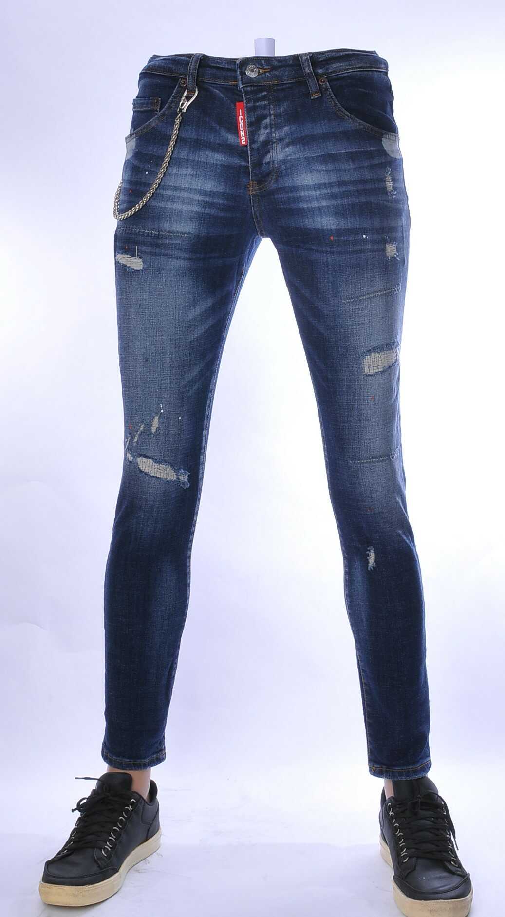 ICON2 hippie gescheurde slim fit stretch heren jeans met verfspatten Blauw