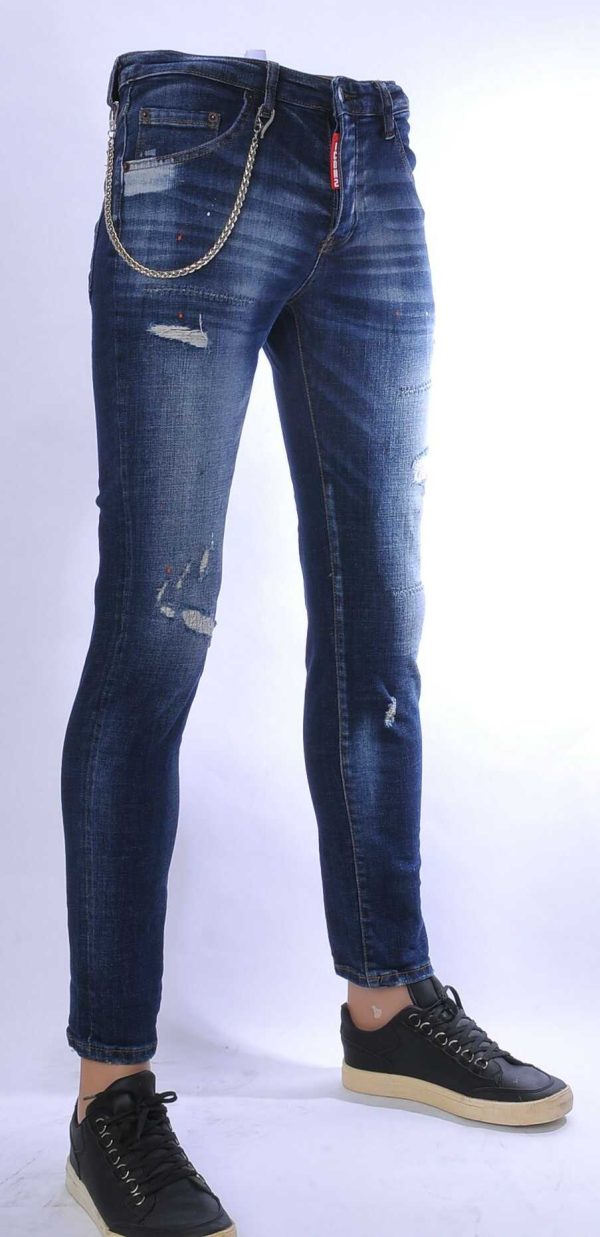 ICON2 hippie gescheurde slim fit stretch heren jeans met verfspatten Blauw