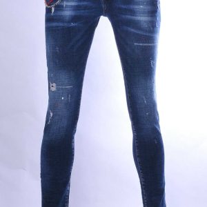 ICON2 hippie gescheurde slim fit stretch heren jeans met verfspatten Blauw