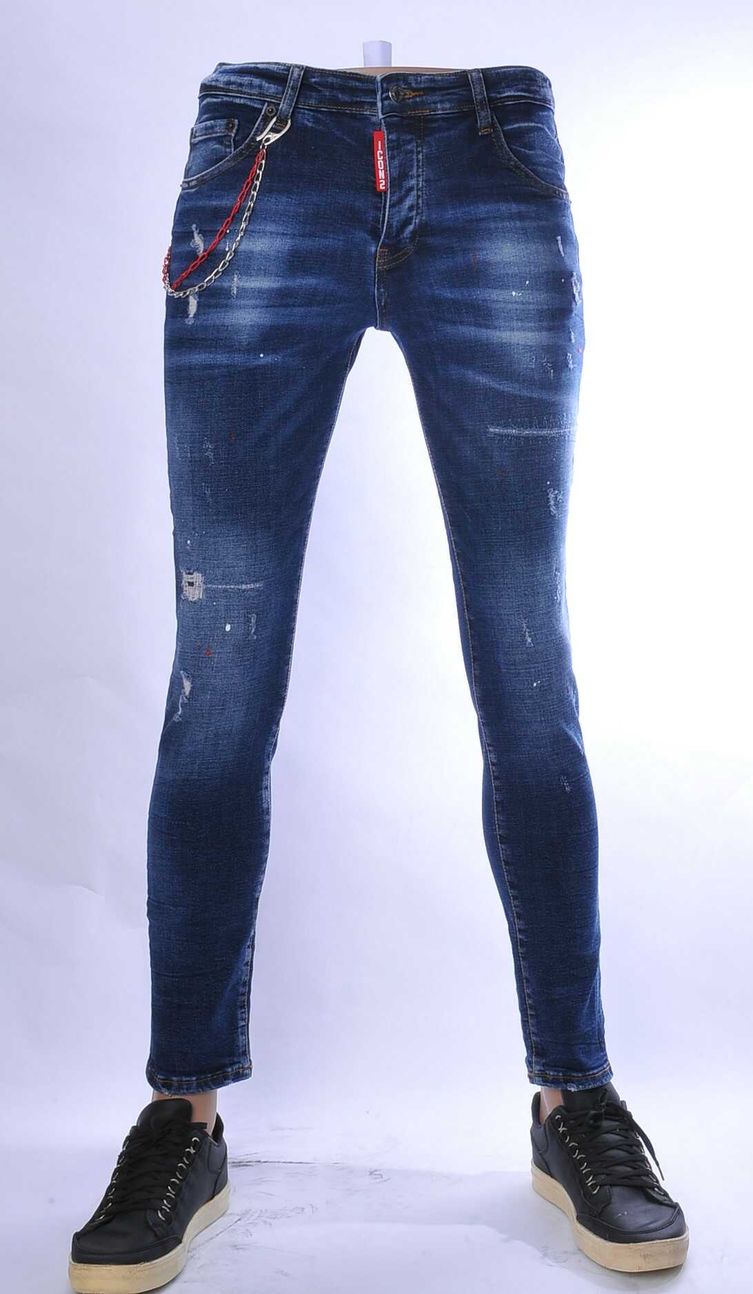ICON2 hippie gescheurde slim fit stretch heren jeans met verfspatten Blauw