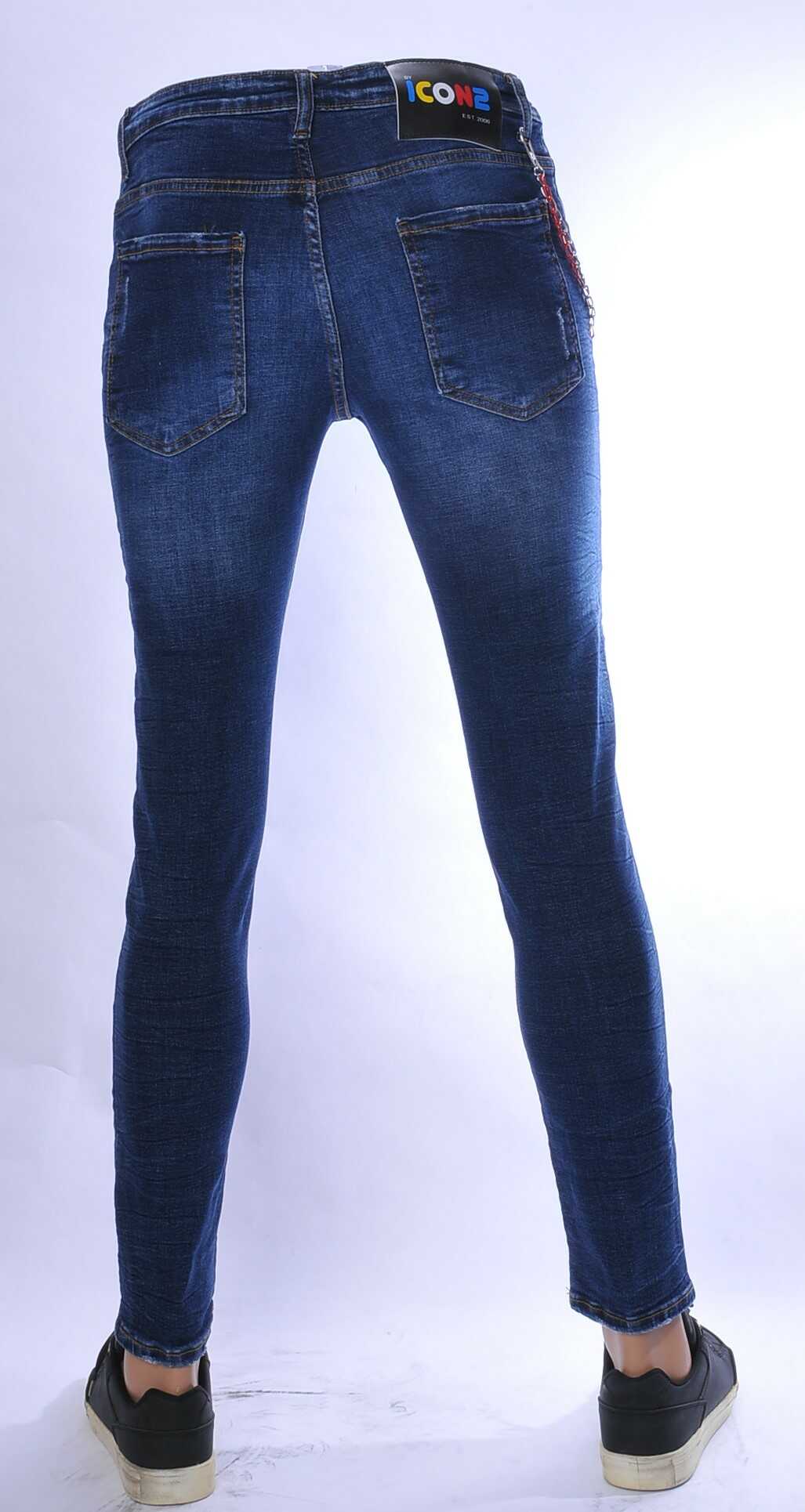 ICON2 hippie gescheurde slim fit stretch heren jeans met verfspatten Blauw
