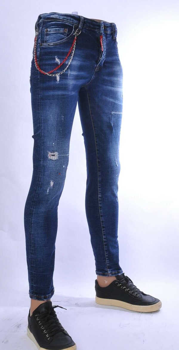 ICON2 hippie gescheurde slim fit stretch heren jeans met verfspatten Blauw