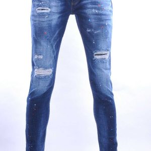 ICON2 hippie gescheurde slim fit stretch heren jeans met verfspatten Blauw