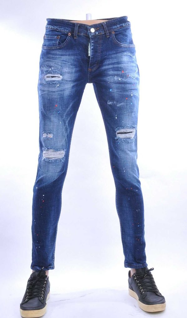ICON2 hippie gescheurde slim fit stretch heren jeans met verfspatten Blauw