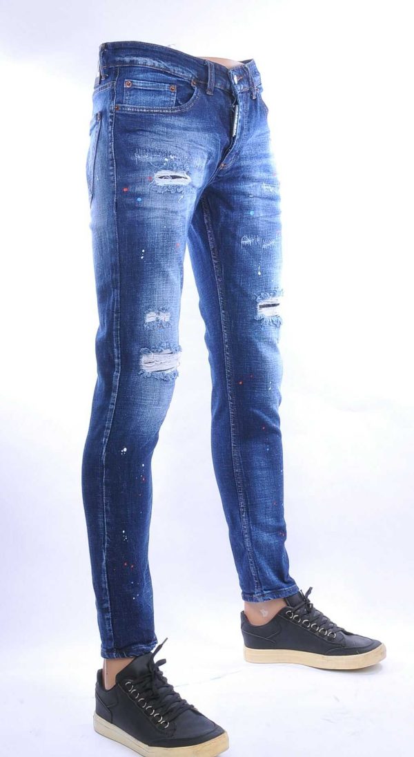 ICON2 hippie gescheurde slim fit stretch heren jeans met verfspatten Blauw