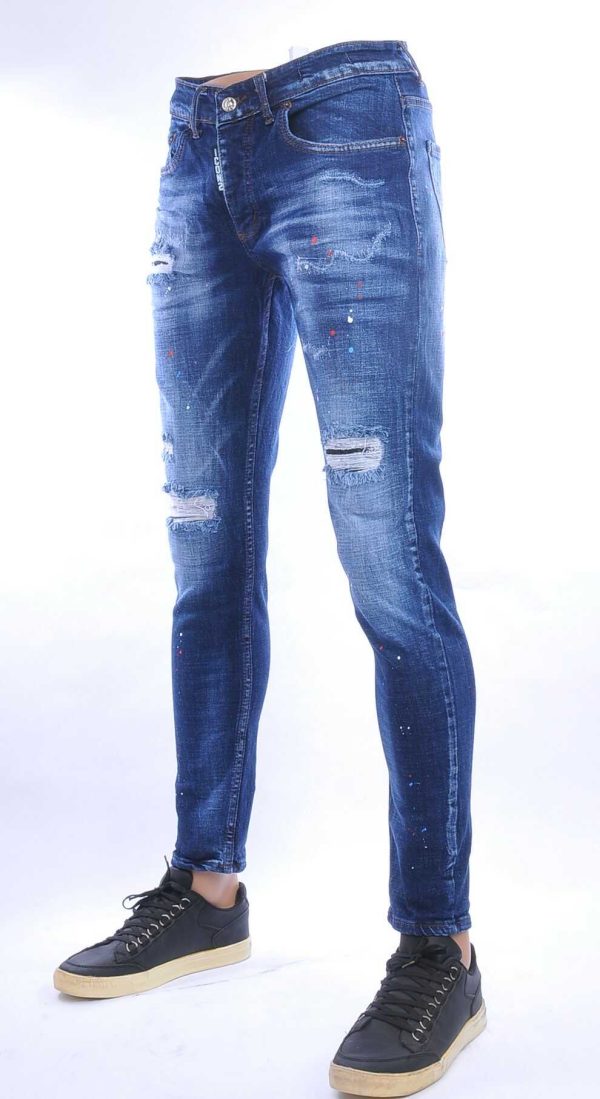 ICON2 hippie gescheurde slim fit stretch heren jeans met verfspatten Blauw