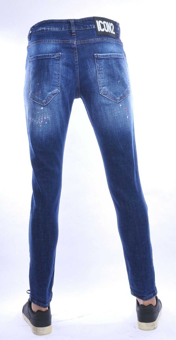 ICON2 hippie gescheurde slim fit stretch heren jeans met verfspatten Blauw