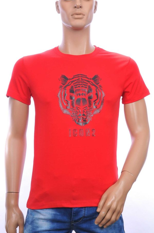 ICON2 ronde hals heren T-shirt met 3D tijgerkop print Rood