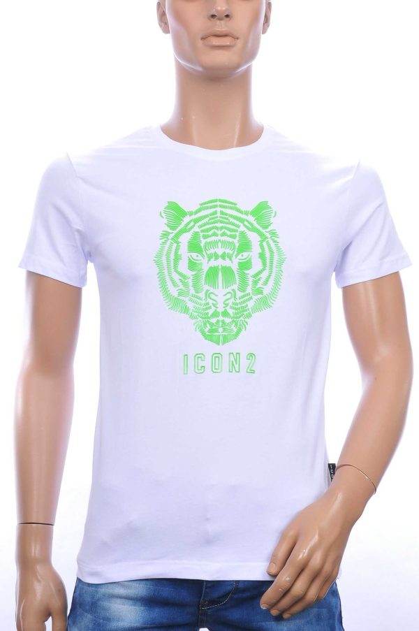 ICON2 ronde hals heren T-shirt met 3D tijgerkop print Wit