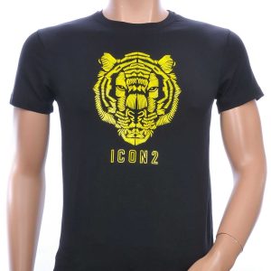 ICON2 ronde hals heren T-shirt met 3D tijgerkop print Zwart-Geel