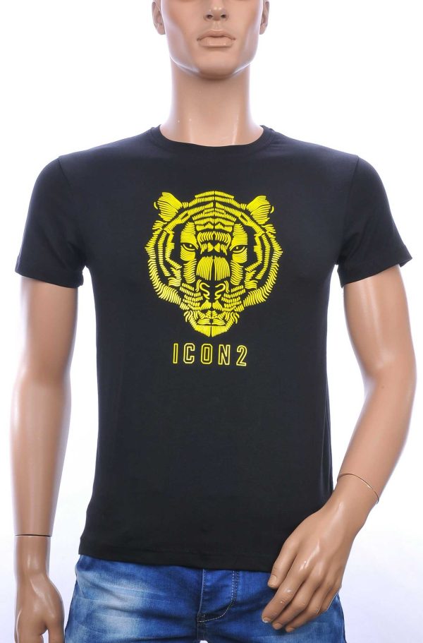 ICON2 ronde hals heren T-shirt met 3D tijgerkop print Zwart-Geel
