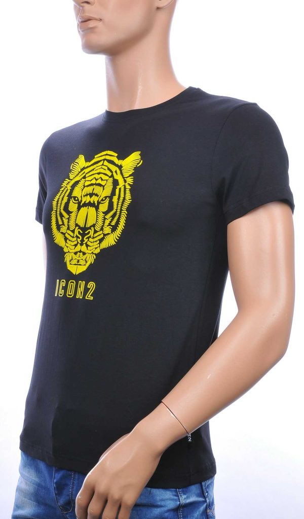 ICON2 ronde hals heren T-shirt met 3D tijgerkop print Zwart-Geel