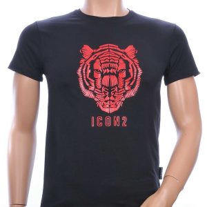 ICON2 ronde hals heren T-shirt met 3D tijgerkop print Zwart-Rood