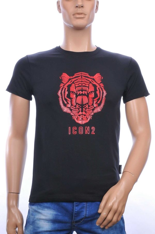 ICON2 ronde hals heren T-shirt met 3D tijgerkop print Zwart-Rood