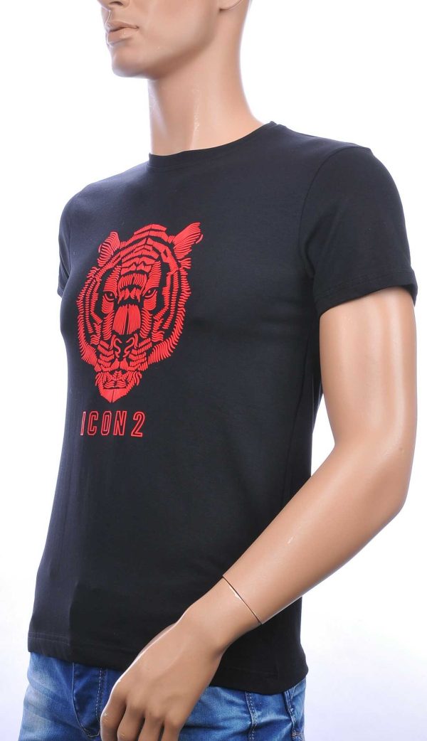 ICON2 ronde hals heren T-shirt met 3D tijgerkop print Zwart-Rood