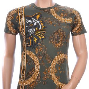 Les DESIGNERS ronde hals T-shirt met geborduurde tijgerkop met steentjes Khaki
