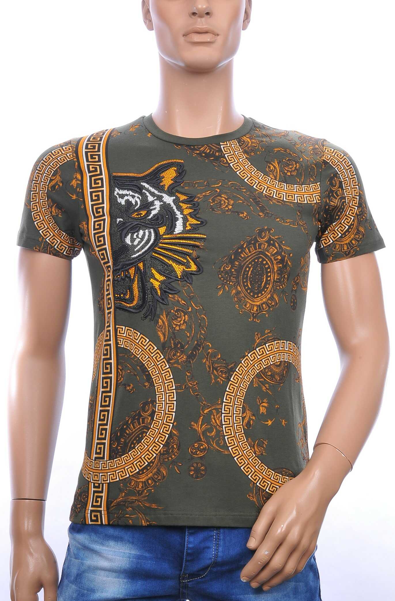 Les DESIGNERS ronde hals T-shirt met geborduurde tijgerkop met steentjes Khaki