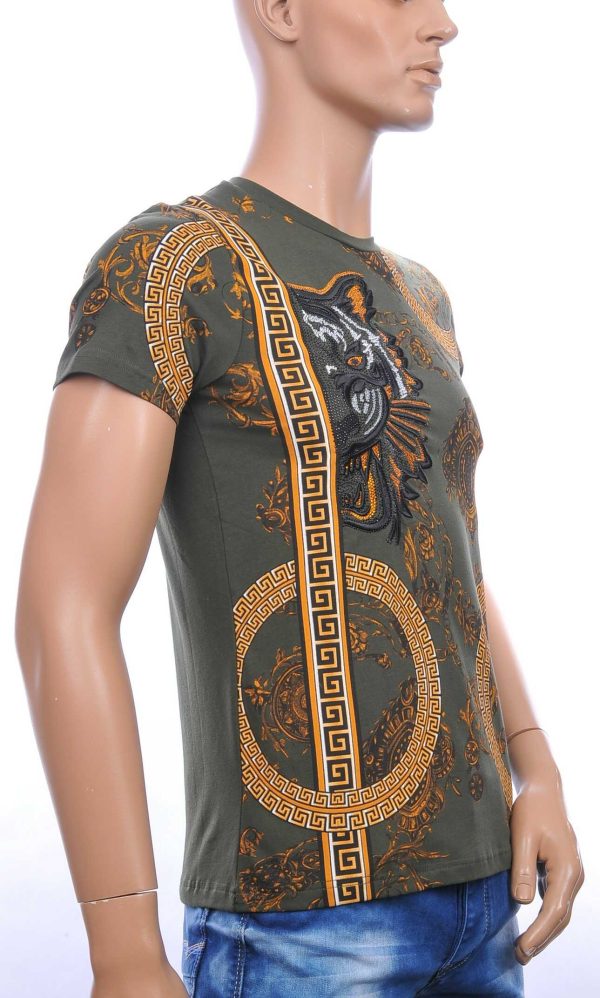 Les DESIGNERS ronde hals T-shirt met geborduurde tijgerkop met steentjes Khaki