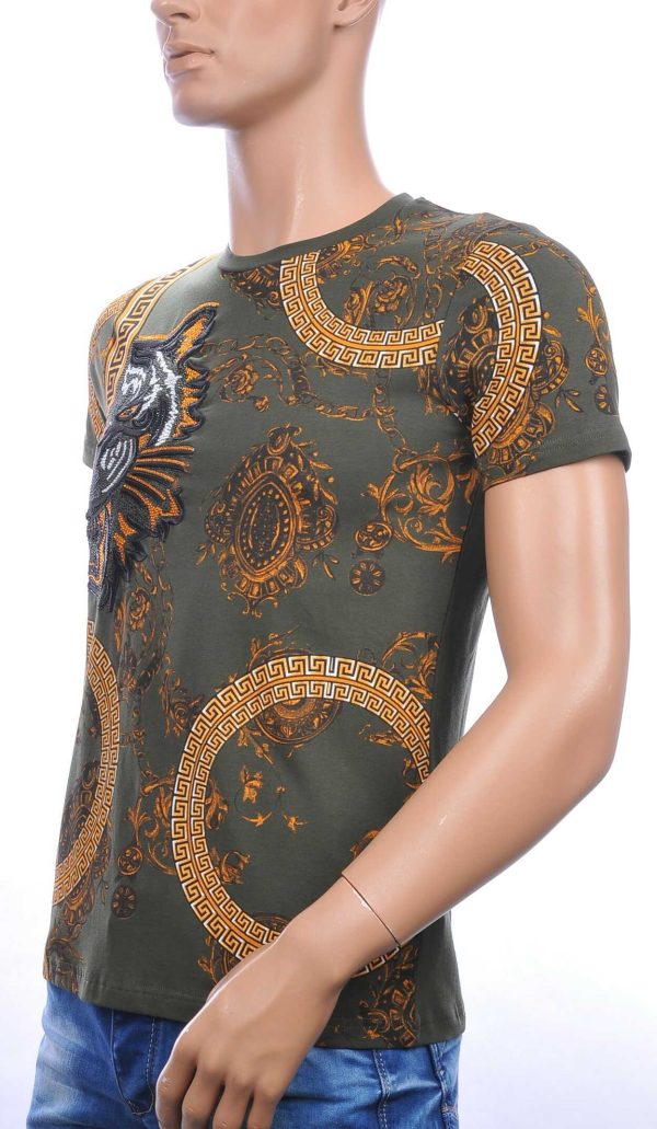 Les DESIGNERS ronde hals T-shirt met geborduurde tijgerkop met steentjes Khaki