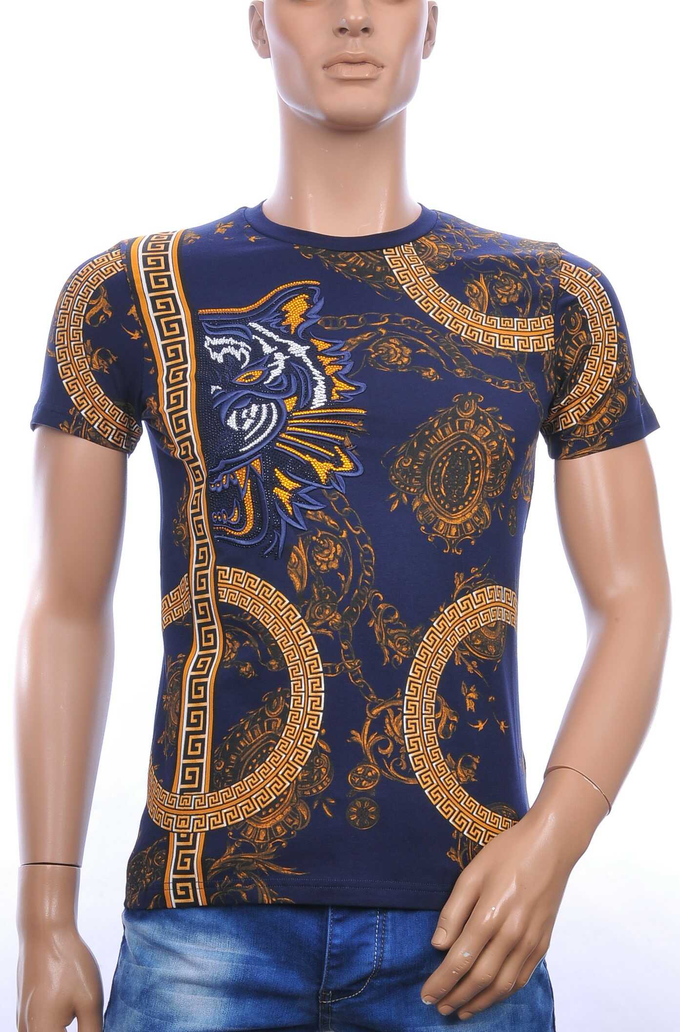 Les DESIGNERS ronde hals T-shirt met geborduurde tijgerkop met steentjes Navy