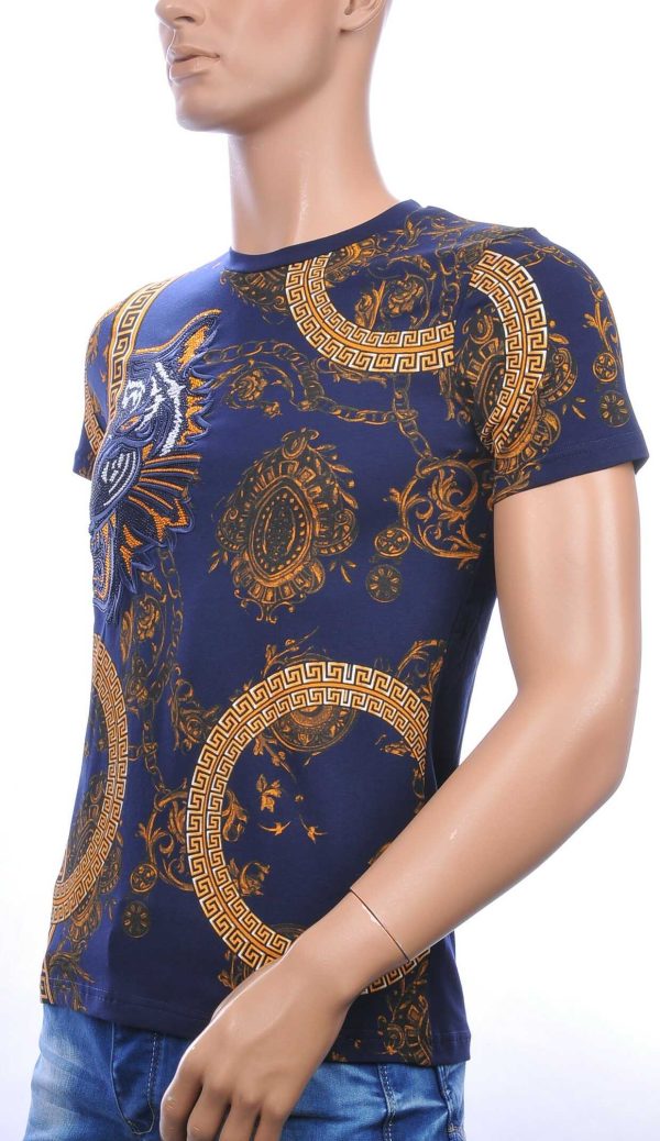 Les DESIGNERS ronde hals T-shirt met geborduurde tijgerkop met steentjes Navy