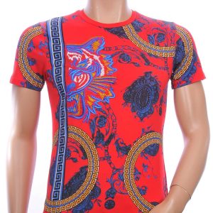 Les DESIGNERS ronde hals T-shirt met geborduurde tijgerkop met steentjes Rood