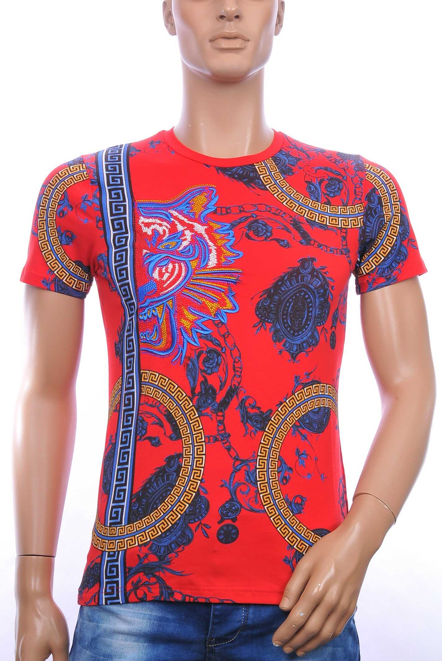 Les DESIGNERS ronde hals T-shirt met geborduurde tijgerkop met steentjes Rood