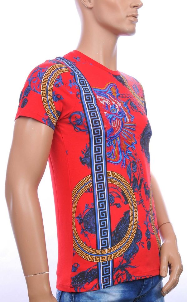 Les DESIGNERS ronde hals T-shirt met geborduurde tijgerkop met steentjes Rood