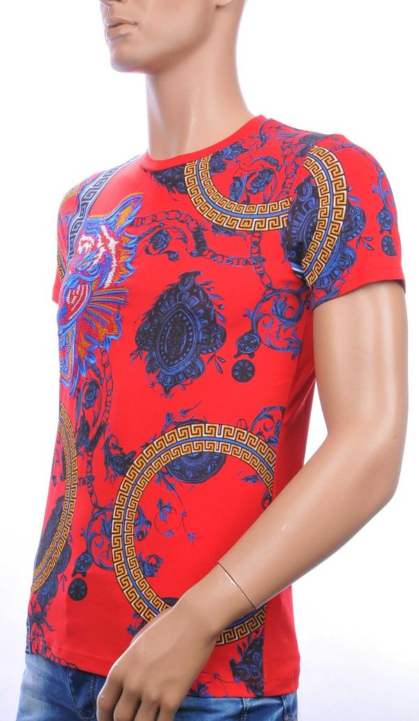Les DESIGNERS ronde hals T-shirt met geborduurde tijgerkop met steentjes Rood