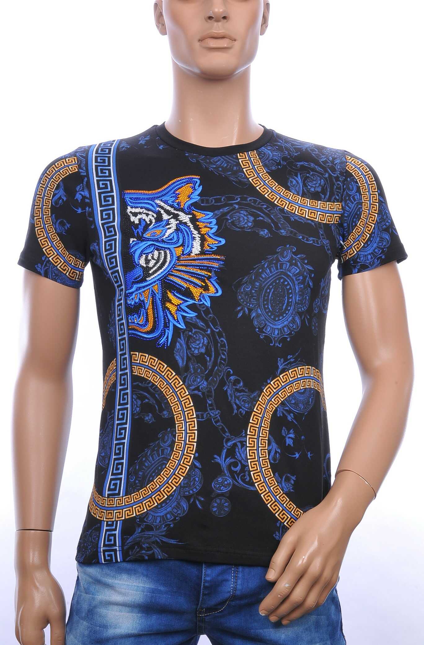 Les DESIGNERS ronde hals T-shirt met geborduurde tijgerkop met steentjes Zwart