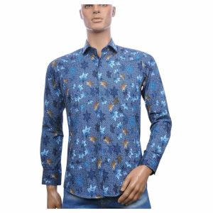Corrino Slim Fit Heren Overhemd met All-Over Bladeren Dessin – Blauw