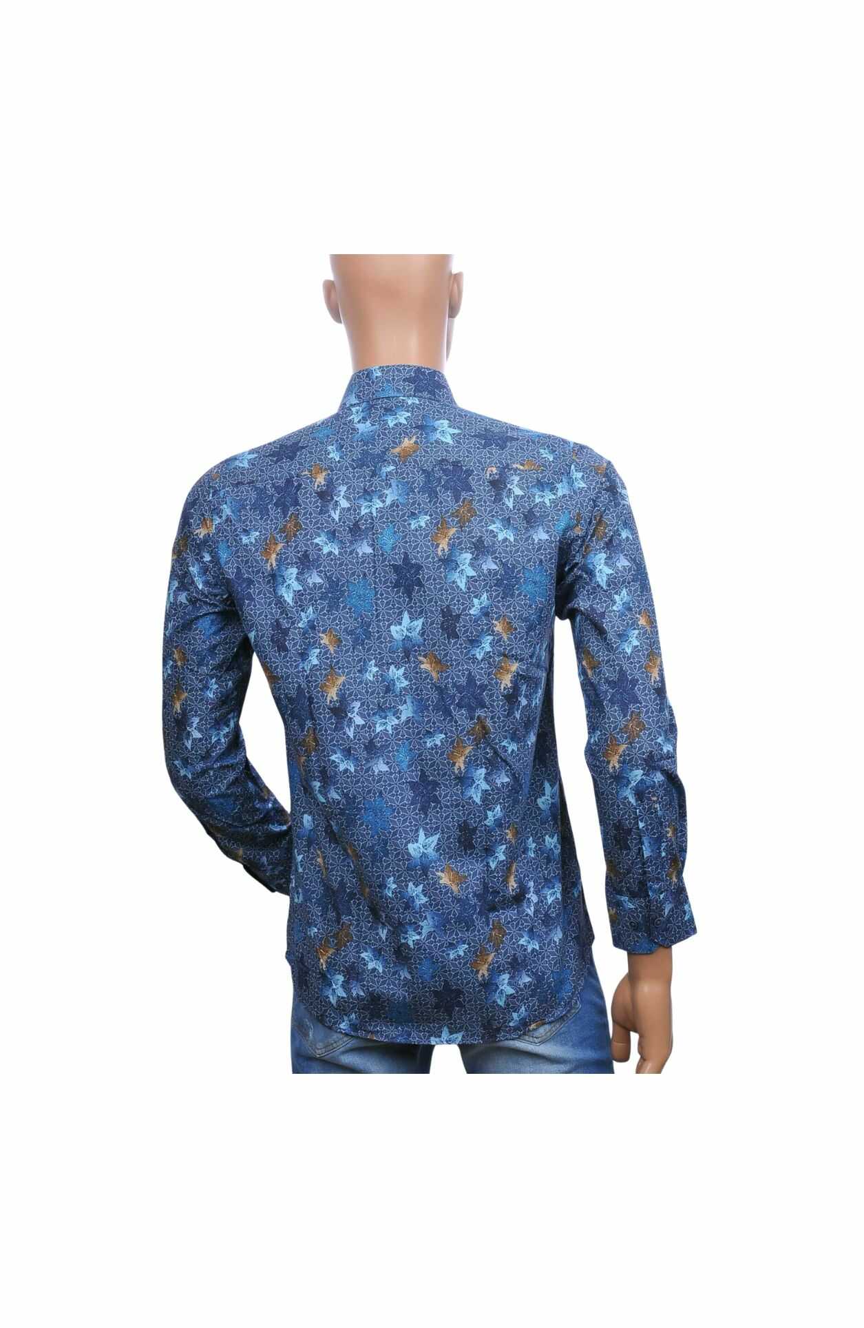 Corrino Slim Fit Heren Overhemd met All-Over Bladeren Dessin – Blauw