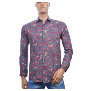 Corrino Slim Fit Heren Overhemd met All-Over Bladeren Dessin – Bordeaux