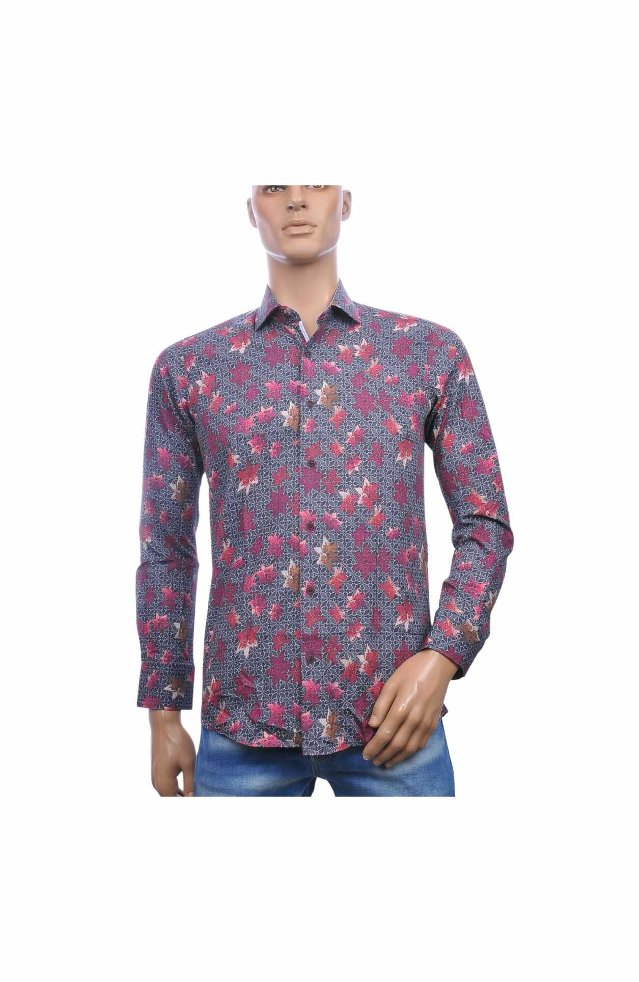 Corrino Slim Fit Heren Overhemd met All-Over Bladeren Dessin – Bordeaux