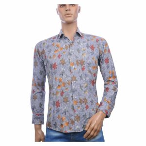 Corrino Slim Fit Heren Overhemd met All-Over Bladeren Dessin – Grijs