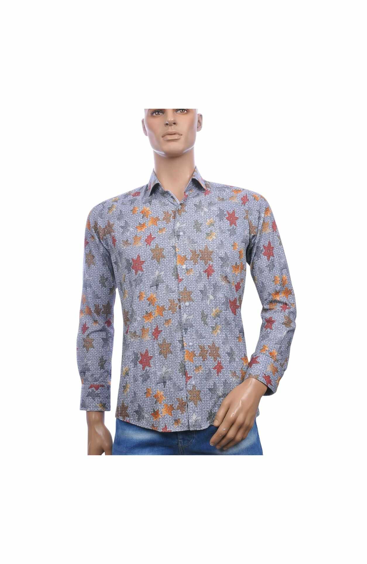 Corrino Slim Fit Heren Overhemd met All-Over Bladeren Dessin – Grijs