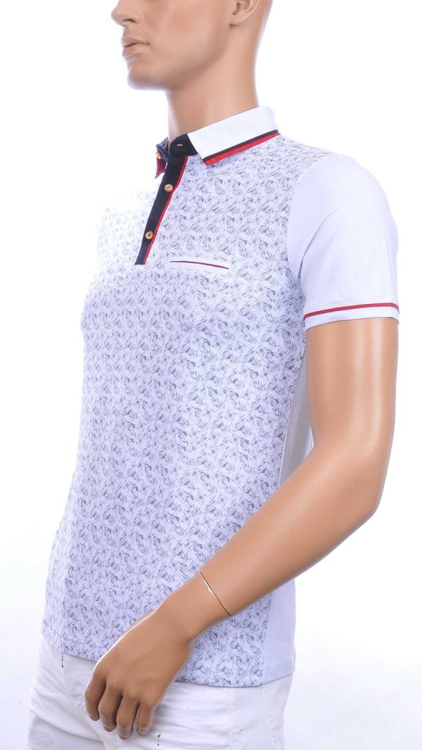 CLUB JU allover modern dessin heren polo T-Shirt met sier borstzakje Wit